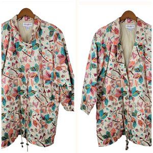 Vintage Silk Satin Bomber Jacket Plus Size 1X 16/18 Coat Geometric Leaf Print
